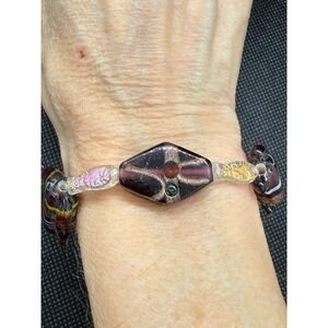 Vintage Upcycled West Germany Art Glass Elephant Bead Bracelet Purple Gold 7.5"